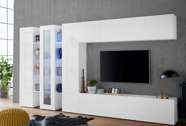 Parete Attrezzata Soggiorno 340x30x180 cm Maruska n°1 Bianco Lucido