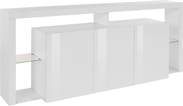 Credenza con 3 Ante e Ripiani in Vetro a Giorno 200x40x80 cm Essential 3A Bianco Lucido