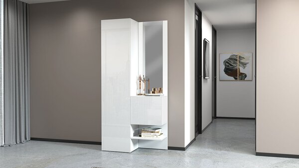 Mobile Ingresso 2 Armadietti e Specchio 90x35x191 cm Kompact Bianco Lucido