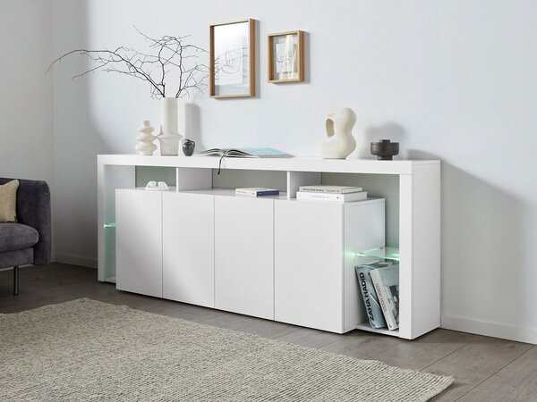 Credenza con 4 Ante e Ripiani in Vetro a Giorno 220x40x80 cm Essential 3A Bianco Lucido