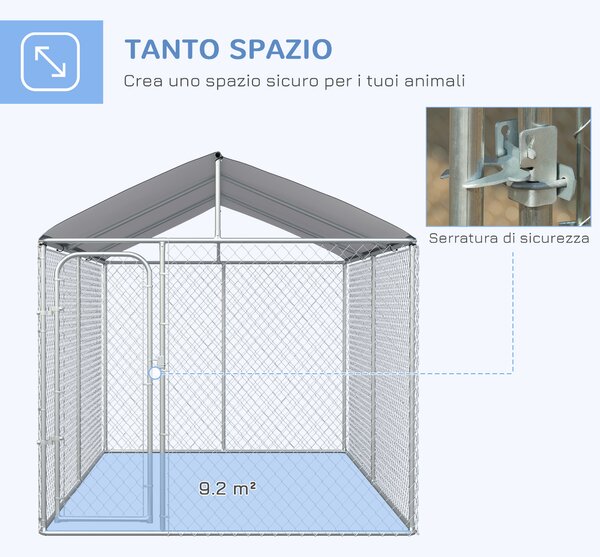 PawHut Kennel per Cani in Metallo Galvanizzato con Tettuccio in Tessuto Oxford e Porta con Blocco, 400x230x232cm, Argento|Aosom