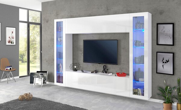 Parete Attrezzata Soggiorno 260x30x180 cm Maruska n°4 Bianco Lucido