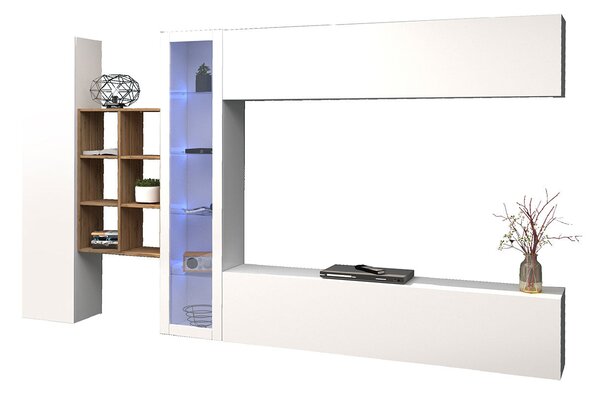 Parete Attrezzata Soggiorno 340x30x180 cm Maruska n°14 Bianco Lucido/Rovere Wotan