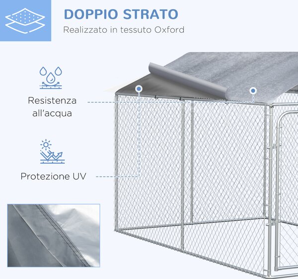 PawHut Kennel per Cani in Metallo Galvanizzato con Tettuccio in Tessuto Oxford e Porta con Blocco, 400x230x232cm, Argento|Aosom