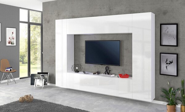 Parete Attrezzata Soggiorno 260x30x180 cm Maruska n°2 Bianco Lucido