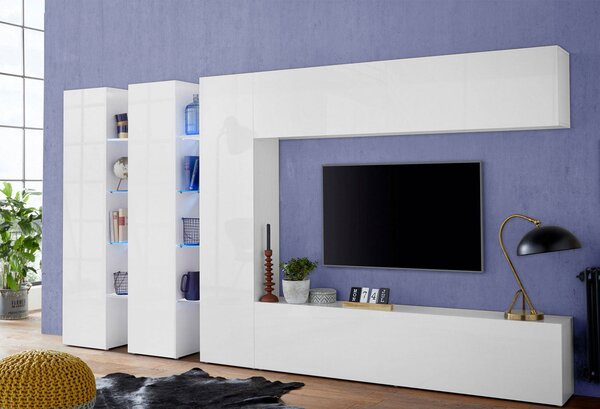 Parete Attrezzata Soggiorno 340x30x180 cm Maruska n°5 Bianco Lucido