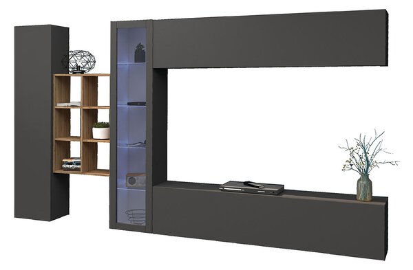 Parete Attrezzata Soggiorno 340x30x180 cm Maruska n°14 Grigio Antracite Opaco/Rovere Wotan