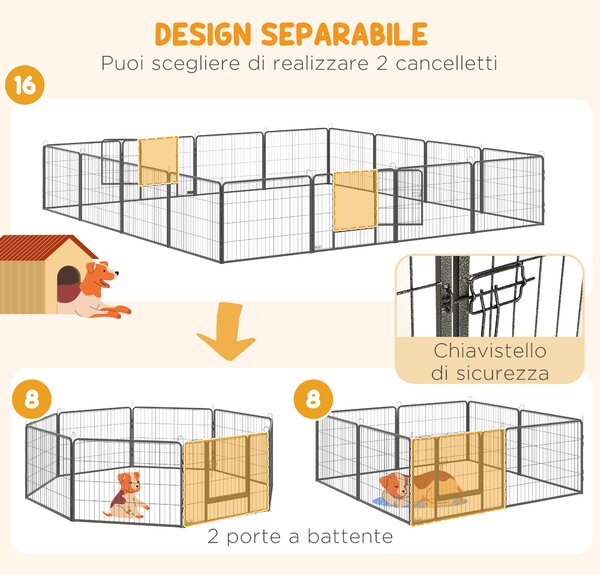 PawHut Recinto per Cani e Cuccioli con 16 Pannelli Modulabili e 2 Ingressi, 80x1.5x60cm|Aosom