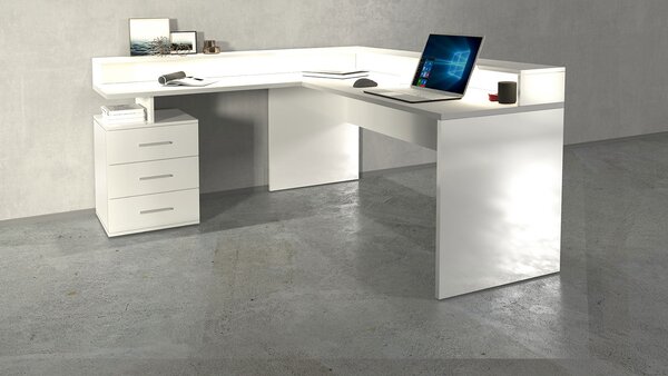 Scrivania Angolare 3 Cassetti e Ripiani a Giorno 180/160x60x90 cm New Selina Bianco Lucido
