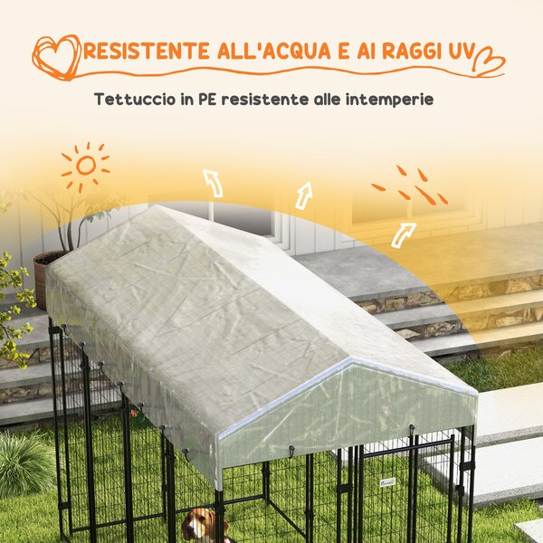 PawHut Recinto per Cani da Esterno con Tetto e Porta a 2 Sezioni in Metallo, 239x121x183cm, Argento