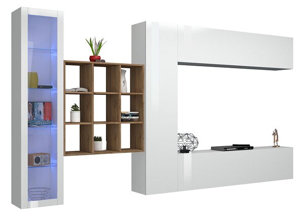 Parete Attrezzata Soggiorno 350x30x180 cm Maruska n°23 Bianco Lucido/Rovere Wotan
