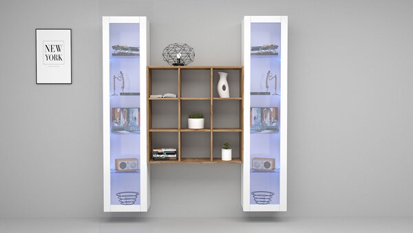 Parete Attrezzata Soggiorno 170x30x180 cm Maruska n°28 Bianco Lucido/Rovere Wotan