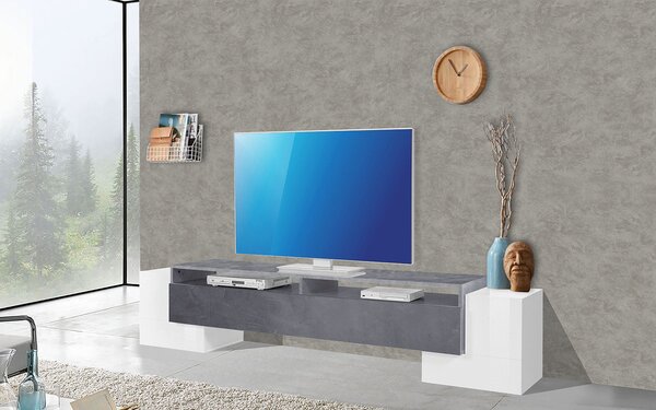 Mobile Tv 3 Ante e Ripiano a Giorno 210x45x45 cm Pillon Low 2A 1R Bianco Lucido/Report Grigio