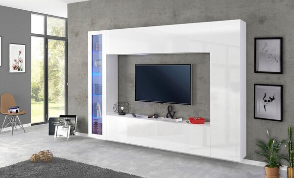 Parete Attrezzata Soggiorno 260x30x180 cm Maruska n°3 Bianco Lucido