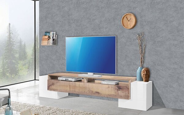 Mobile Tv 3 Ante e Ripiano a Giorno 210x45x45 cm Pillon Low 2A 1R Bianco Lucido/Acero Pereira