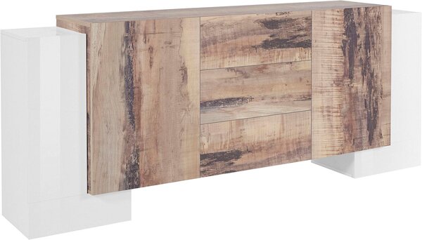 Credenza con 4 Ante e 3 Cassetti 210x45x85 cm Pillon Side 4A 3C Bianco Lucido/Acero Pereira