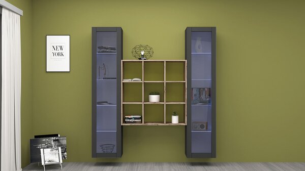 Parete Attrezzata Soggiorno 170x30x180 cm Maruska n°28 Grigio Antracite Opaco/Rovere Wotan