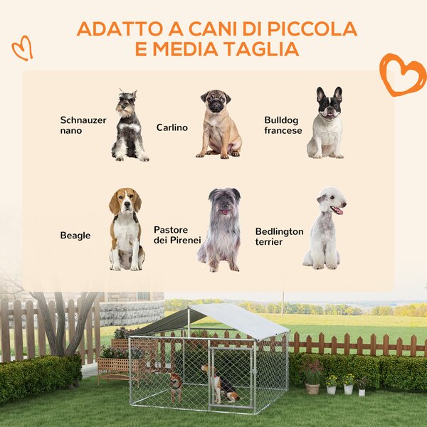 PawHut Recinto per Cani Taglia Media da Esterno con Tetto Impermeabile, 200x200x150cm, Argento|Aosom