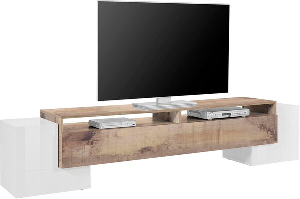 Mobile Tv 3 Ante e Ripiano a Giorno 210x45x45 cm Pillon Low 2A 1R Bianco Lucido/Acero Pereira