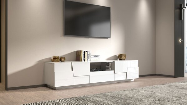 Mobile Tv 4 Anta 1 Cassetto e Ripiano a Giorno 220x44x46 cm Pongo 4A 1C Bianco Lucido