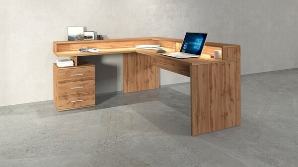 Scrivania Angolare 3 Cassetti e Ripiani a Giorno 180/160x60x90 cm New Selina Rovere Wotan