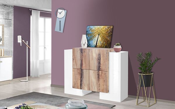Credenza con 6 Ante 130x45x100 cm Pillon High 2A 4A Bianco Lucido/Acero Pereira