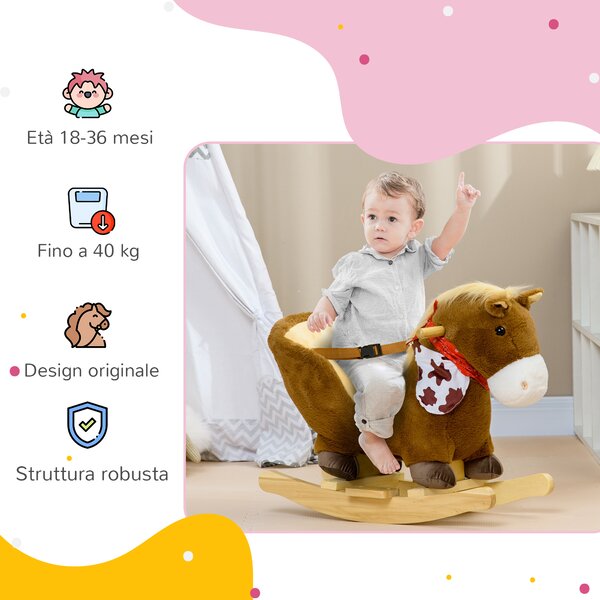 HOMCOM Cavallo a Dondolo per Bambini da 18-36 Mesi con Suoni Realistici, 60x33x50 cm, Marrone e color Legno|Aosom