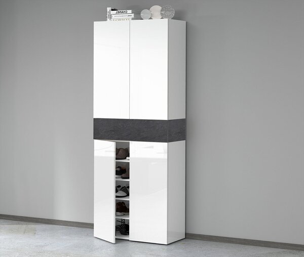 Armadio Scarpiera 4 Ante e 1 Ripiano a Ribalta 76x35x200 cm Savona 4A 1R Bianco Opaco/Grigio Ardesia