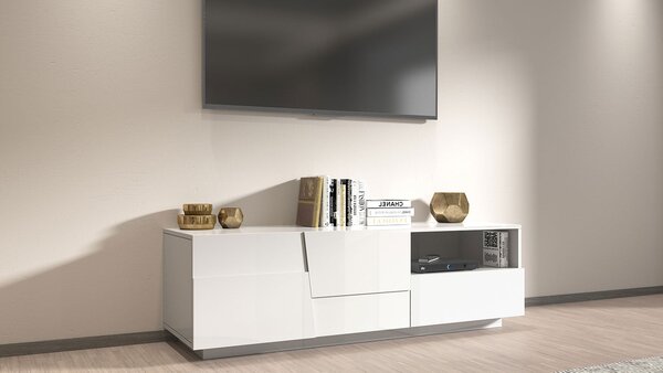 Mobile Tv 2 Anta 1 Cassetto e Ripiano a Giorno 150x45x46 cm Pongo 2A 1C Bianco Lucido