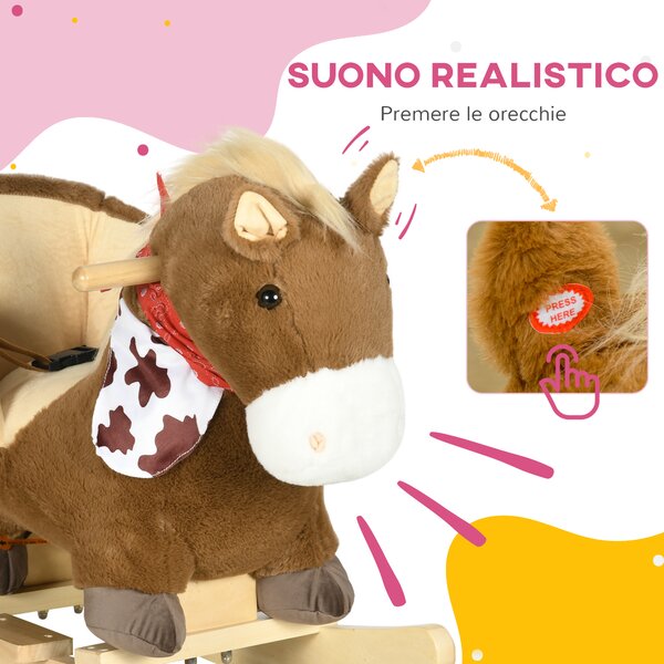 HOMCOM Cavallo a Dondolo per Bambini da 18-36 Mesi con Suoni Realistici, 60x33x50 cm, Marrone e color Legno|Aosom