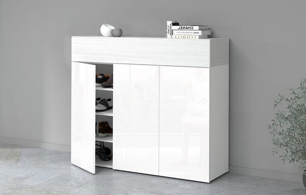 Scarpiera 3 Ante e 1 Ripiano a Ribalta 114x35x100 cm Savona 3A 1R Bianco Opaco/Larice Bianco