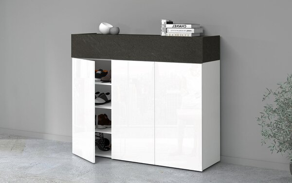 Scarpiera 3 Ante e 1 Ripiano a Ribalta 114x35x100 cm Savona 3A 1R Bianco Opaco/Grigio Ardesia