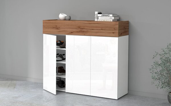 Scarpiera 3 Ante e 1 Ripiano a Ribalta 114x35x100 cm Savona 3A 1R Bianco Opaco/Rovere Wotan