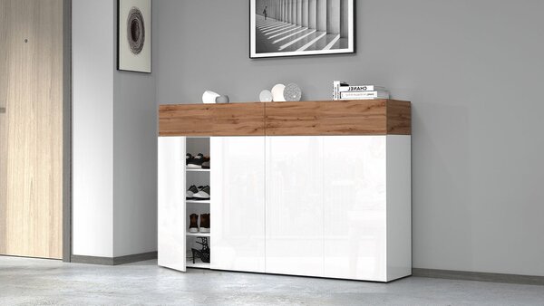 Scarpiera 4 Ante e 2 Ripiano a Ribalta 152x35x100 cm Savona 4A 1R Bianco Opaco/Rovere Wotan