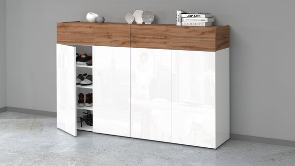 Scarpiera 4 Ante e 2 Ripiano a Ribalta 152x35x100 cm Savona 4A 1R Bianco Opaco/Rovere Wotan