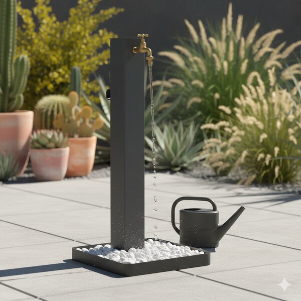 Fontana da Giardino Design a Colonna Quadrata Rubinetto in Ottone e Base con Ciottoli Antracite