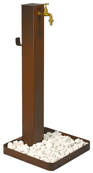 Fontana da Giardino Design a Colonna Quadrata Rubinetto in Ottone e Base con Ciottoli Corten