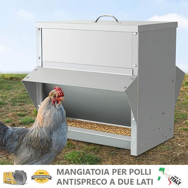 Mangiatoia per Galline 41x45x46 cm 2 Lati Capienza 30kg in Acciaio Zincato