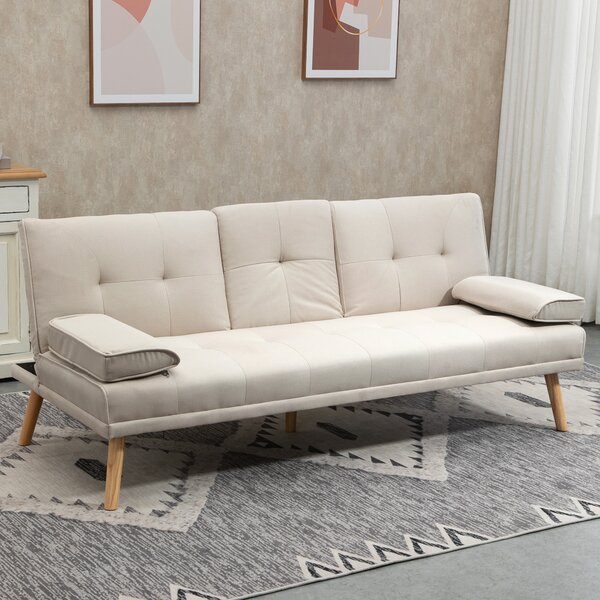 HOMCOM Divano Letto 3 Posti Reclinabile con Rivestimento Effetto Lino e Tavolino a Ribalta, Beige|Aosom