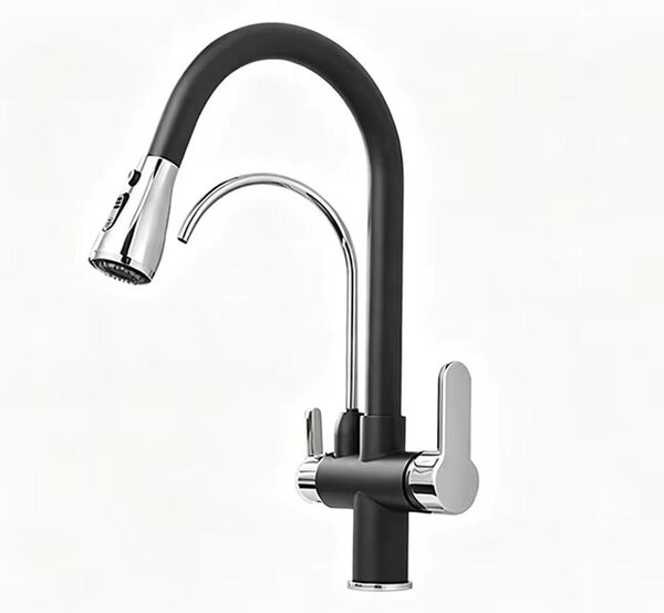 Miscelatore da cucina - Miscelatore da cucina con doccetta estraibile - Bocchetta per acqua filtrata - Monocomando - Acqua calda e fredda - Acciaio inossidabile 304 - Cromo nero