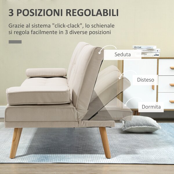 HOMCOM Divano Letto 3 Posti Reclinabile con Rivestimento Effetto Lino e Tavolino a Ribalta, Beige|Aosom