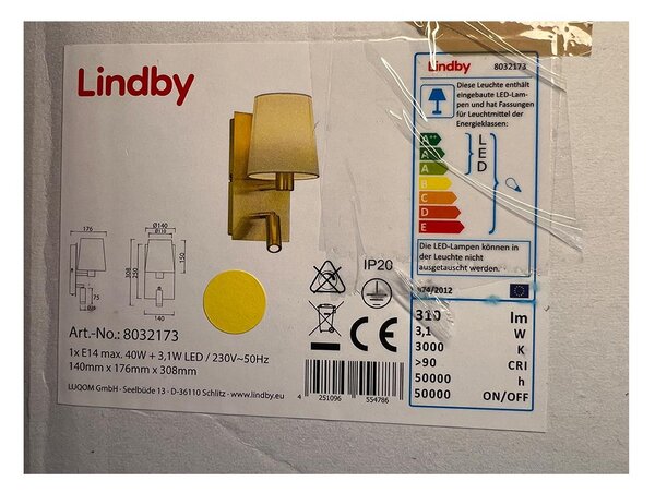 Lindby - Lampada da parete AIDEN 1xE14/40W/230V + LED/3.1W/230V
