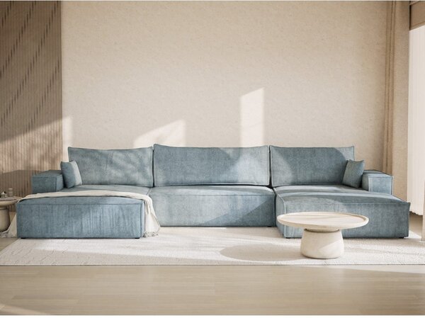 Divano angolare azzurro allungabile/con contenitore (a U) con rivestimento in ciniglia Kyoto – Maison de Rêve