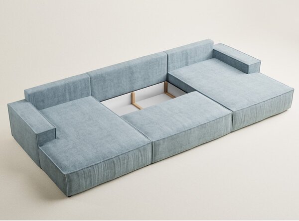 Divano angolare azzurro allungabile/con contenitore (a U) con rivestimento in ciniglia Kyoto – Maison de Rêve