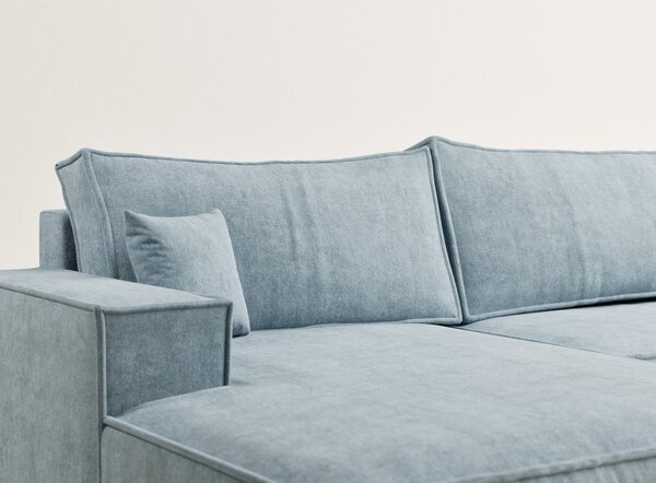 Divano angolare azzurro allungabile/con contenitore (a U) con rivestimento in ciniglia Kyoto – Maison de Rêve