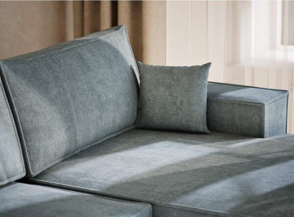Divano angolare azzurro allungabile/con contenitore (a U) con rivestimento in ciniglia Kyoto – Maison de Rêve