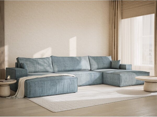 Divano angolare azzurro allungabile/con contenitore (a U) con rivestimento in ciniglia Kyoto – Maison de Rêve