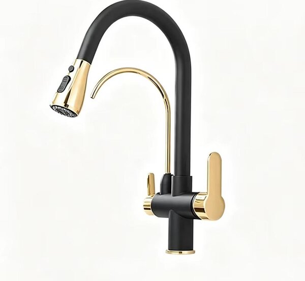 Rubinetto da cucina con attacco per filtro dell'acqua - Doccetta estraibile - Miscelatore monocomando - Acqua calda e fredda - Acciaio inossidabile 304 - Installazione monoblocco - Nero e oro