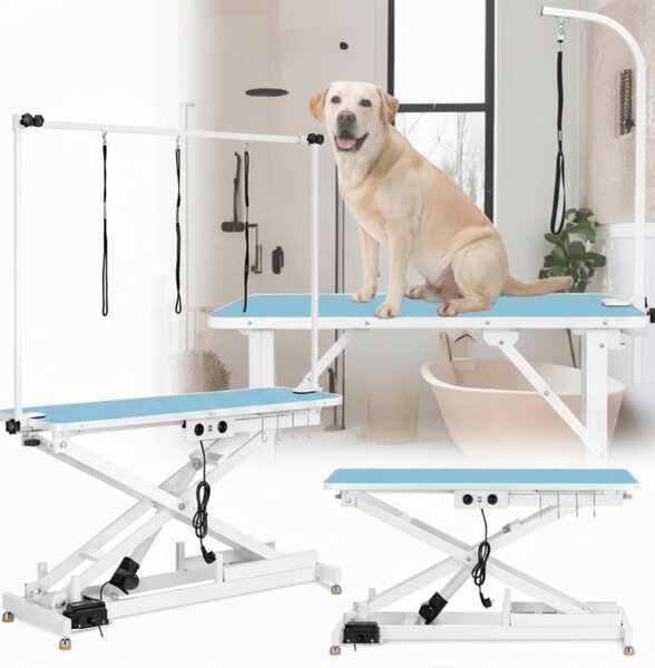 Tavolo da toelettatura elettrico e veterinario con piano antiscivolo, braccio regolabile e 3 lacci di sicurezza