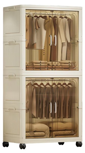Armadio pieghevole in plastica - Armadio - 2 ripiani - 65 x 35 x 126 cm - Barra appendiabiti - Porte magnetiche - Ruote - Impilabile